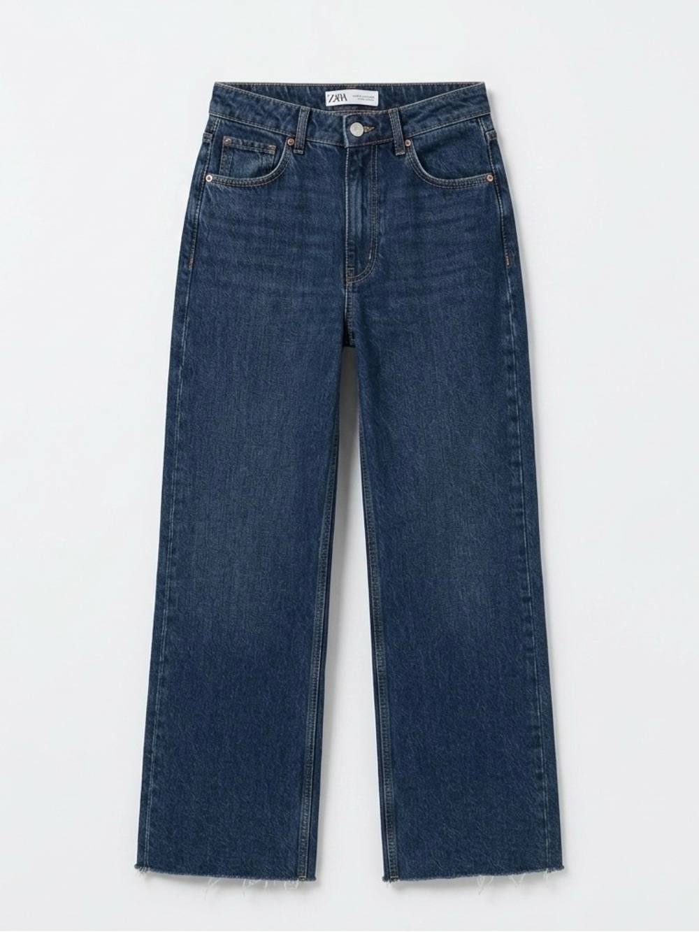 Zara Women’s Dark Indigo Straight-Leg High Rise Jeans - raw hem - size 4